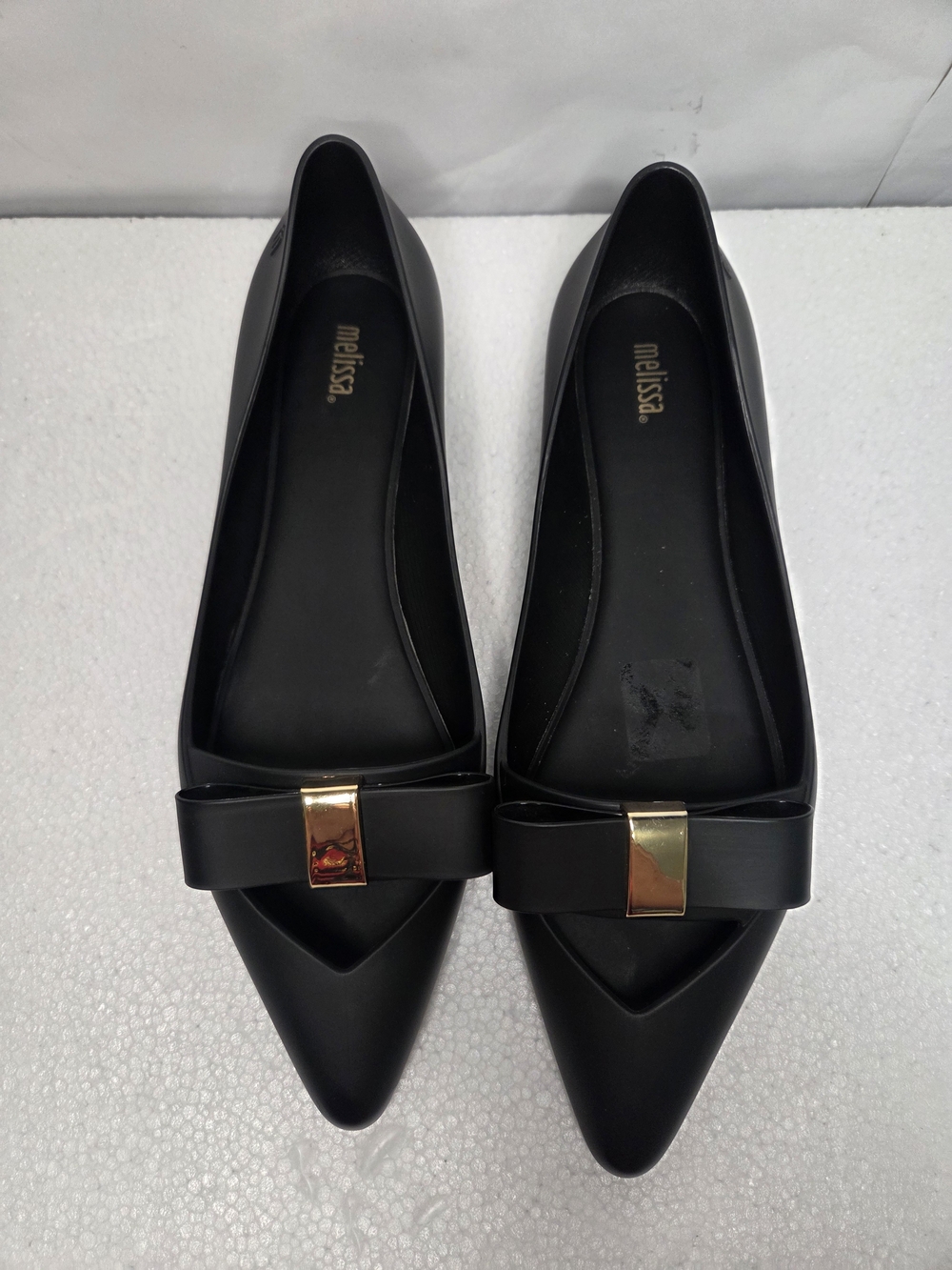 Melissa Black Pointed Bow Flats with Gold Accent Size 10